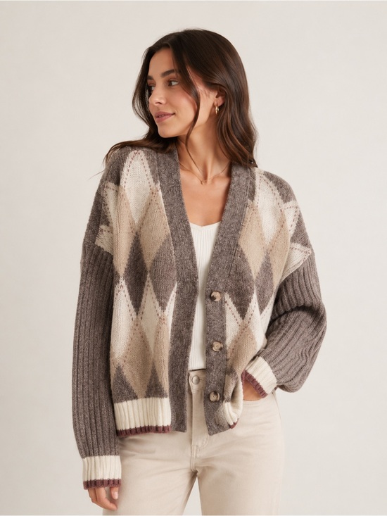 Rachel Zoe Sweaters - Rachel Zoe Taupe, Cream &‎ Beige Argyle Knit Cardigan